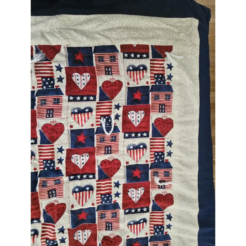 Handmade USA Red White Blue Americana Hearts Quilt 50”x 50